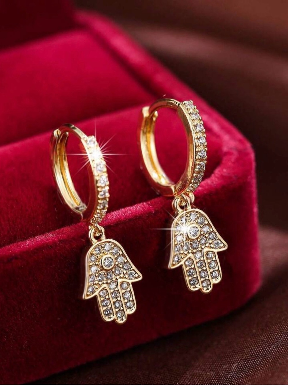 Gold Hamsa Dangle Hoop Earrings with CZ accents